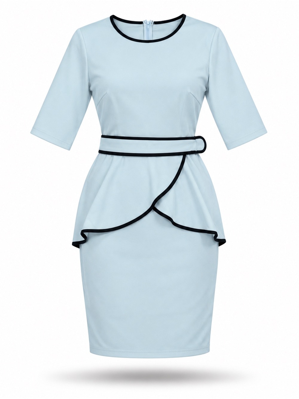 Light Blue Peplum Sheath Dress with Black Trim